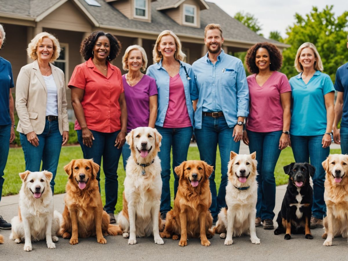 Grupo de pets felizes em evento comunitário.