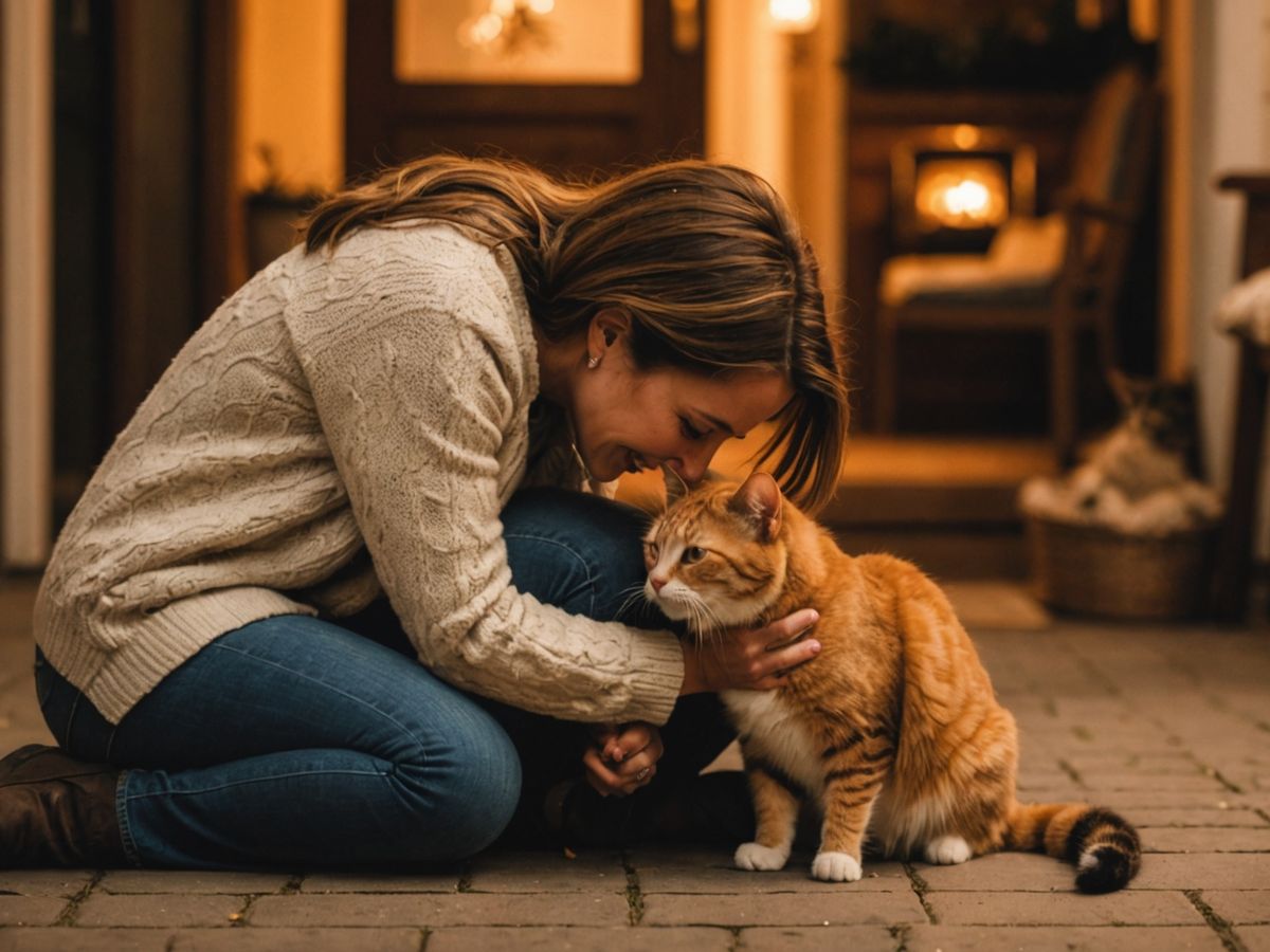 Tutora abraçando gato com emoção