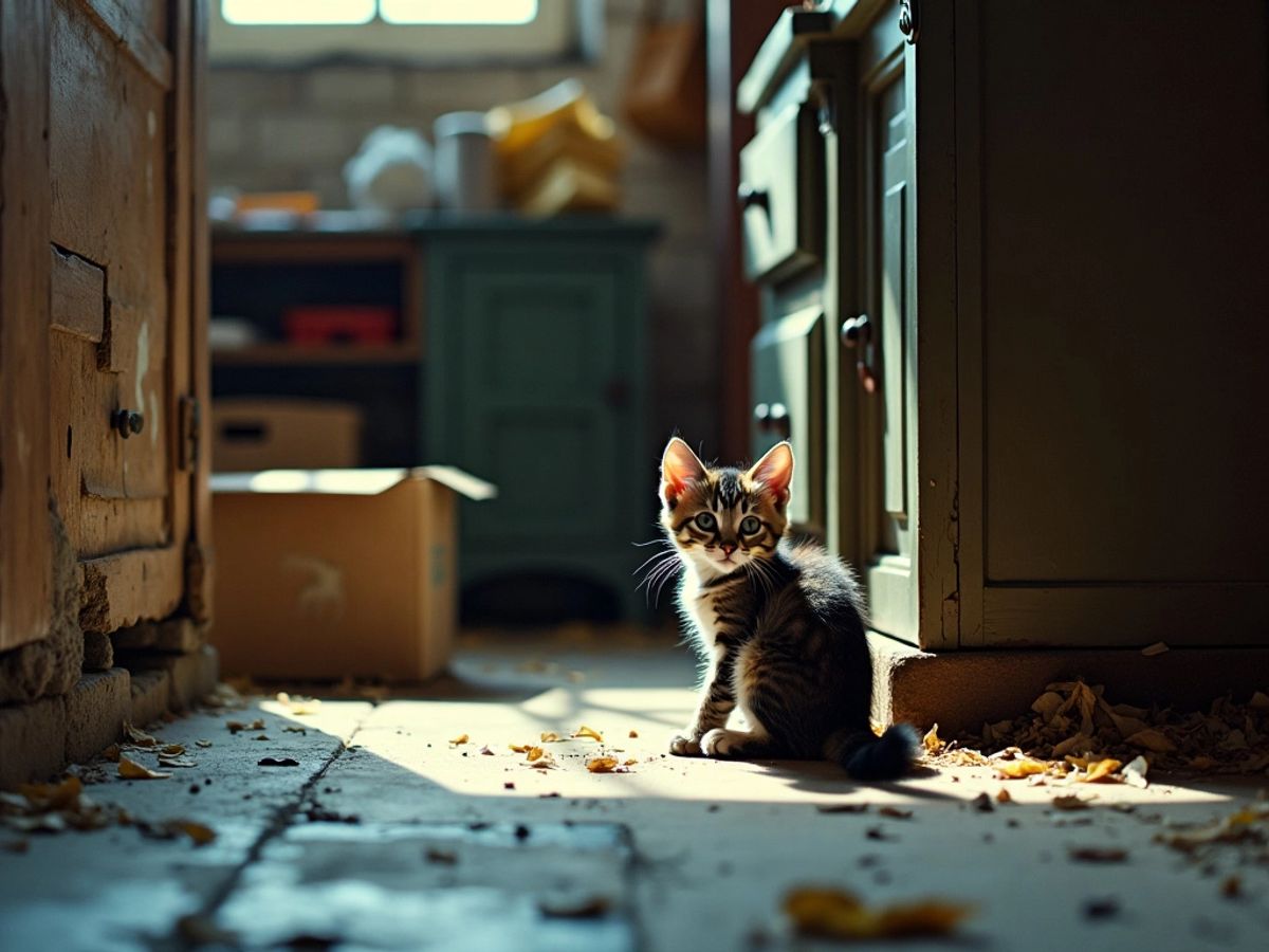 Gatinha curiosa no porão, cercada por caixas e móveis.