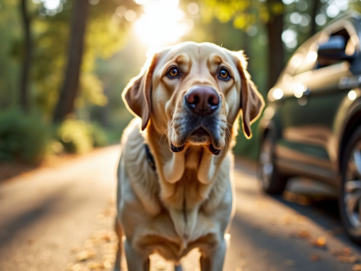 Cão Labrador com olhos arregalados em um caminho.