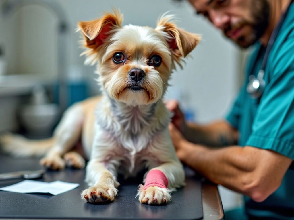 Cachorro com pata enfaixada em mesa de tosa.