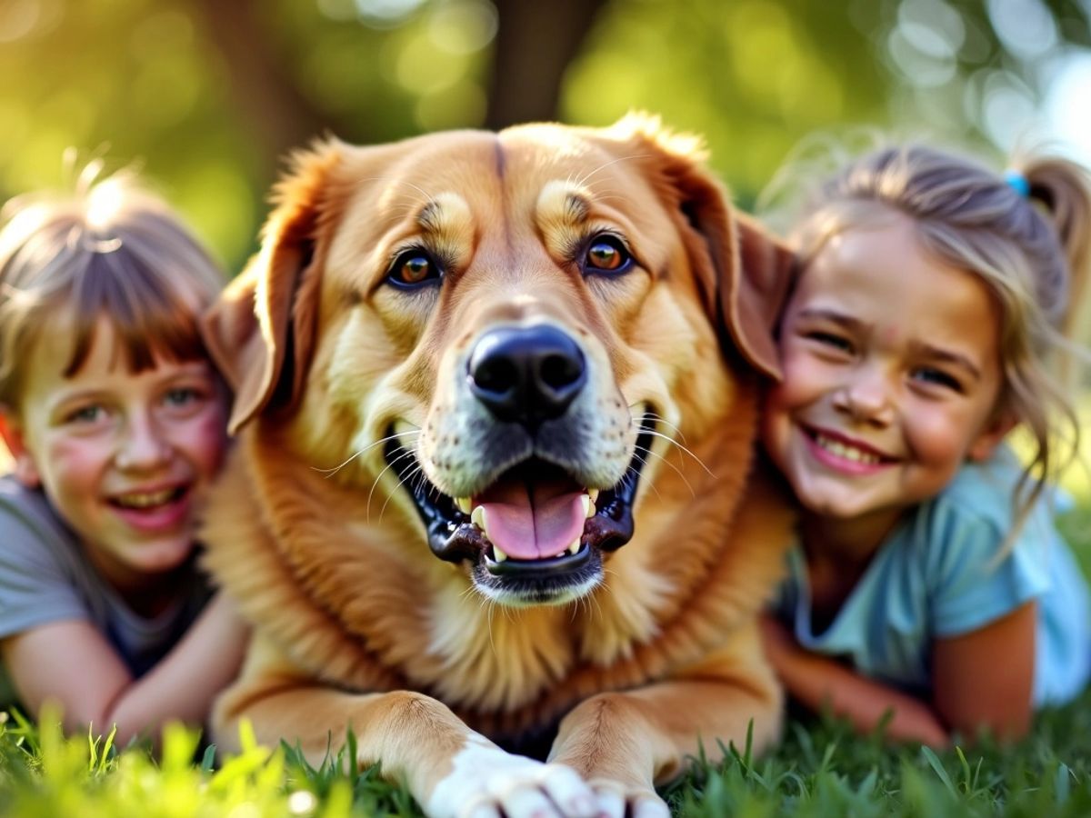 Cão grande e gentil com crianças felizes.