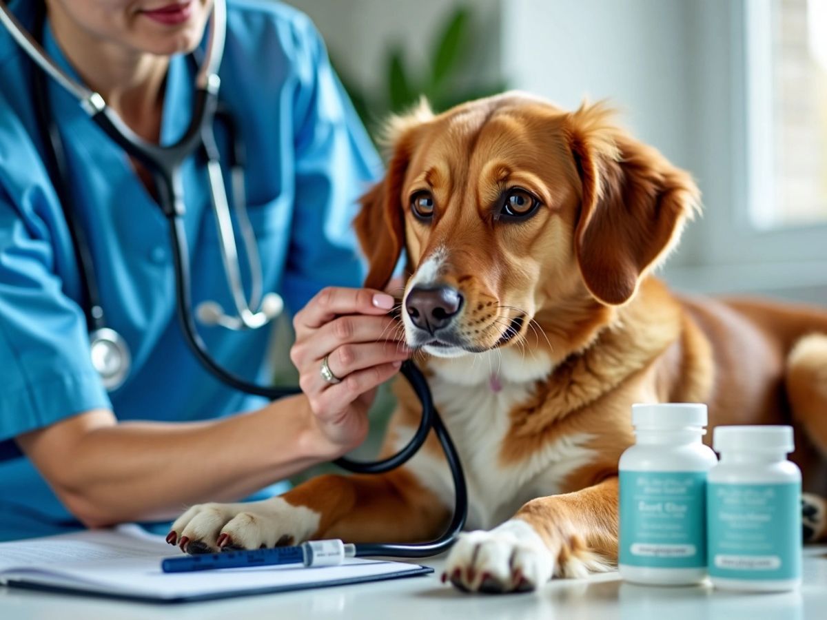 Veterinário examinando um cachorro com estetoscópio.