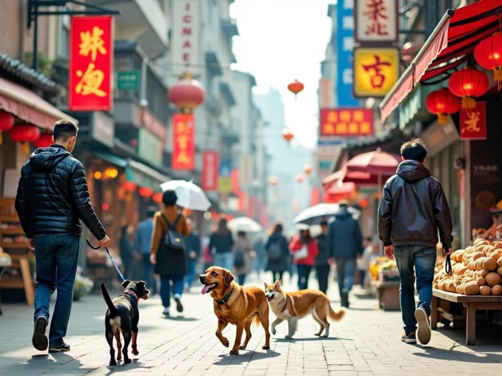 Pessoas passeando com cães em cidade chinesa movimentada.